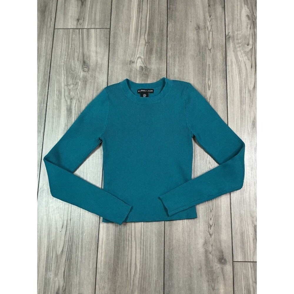 Sincerely Jules Teal Blue Ribbed Knit Long Sleeve Sweater Crew Neck Top